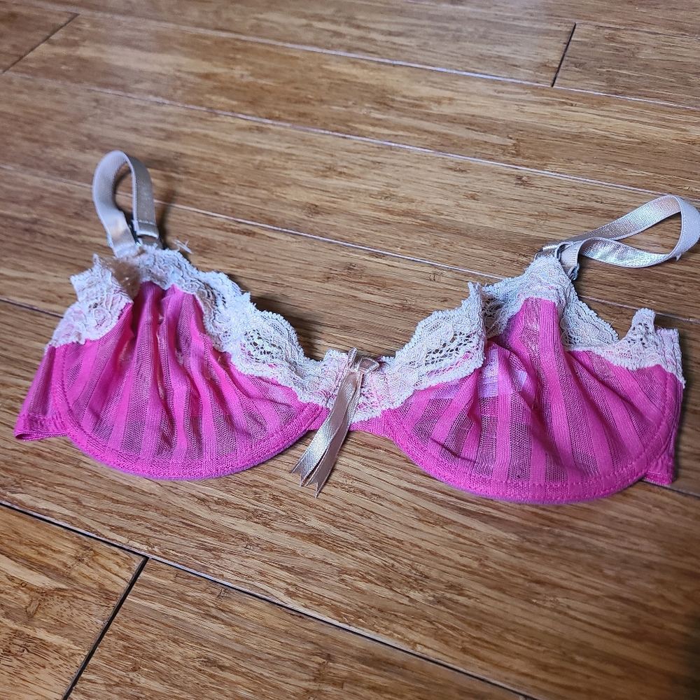 Elle Macpherson 32D Pink Orange Lace Trim Bra y2k